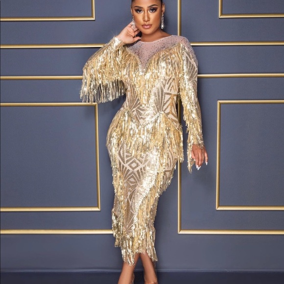 Gold Sequins Fringe Luxe Midi Dress - Picture 3 of 7